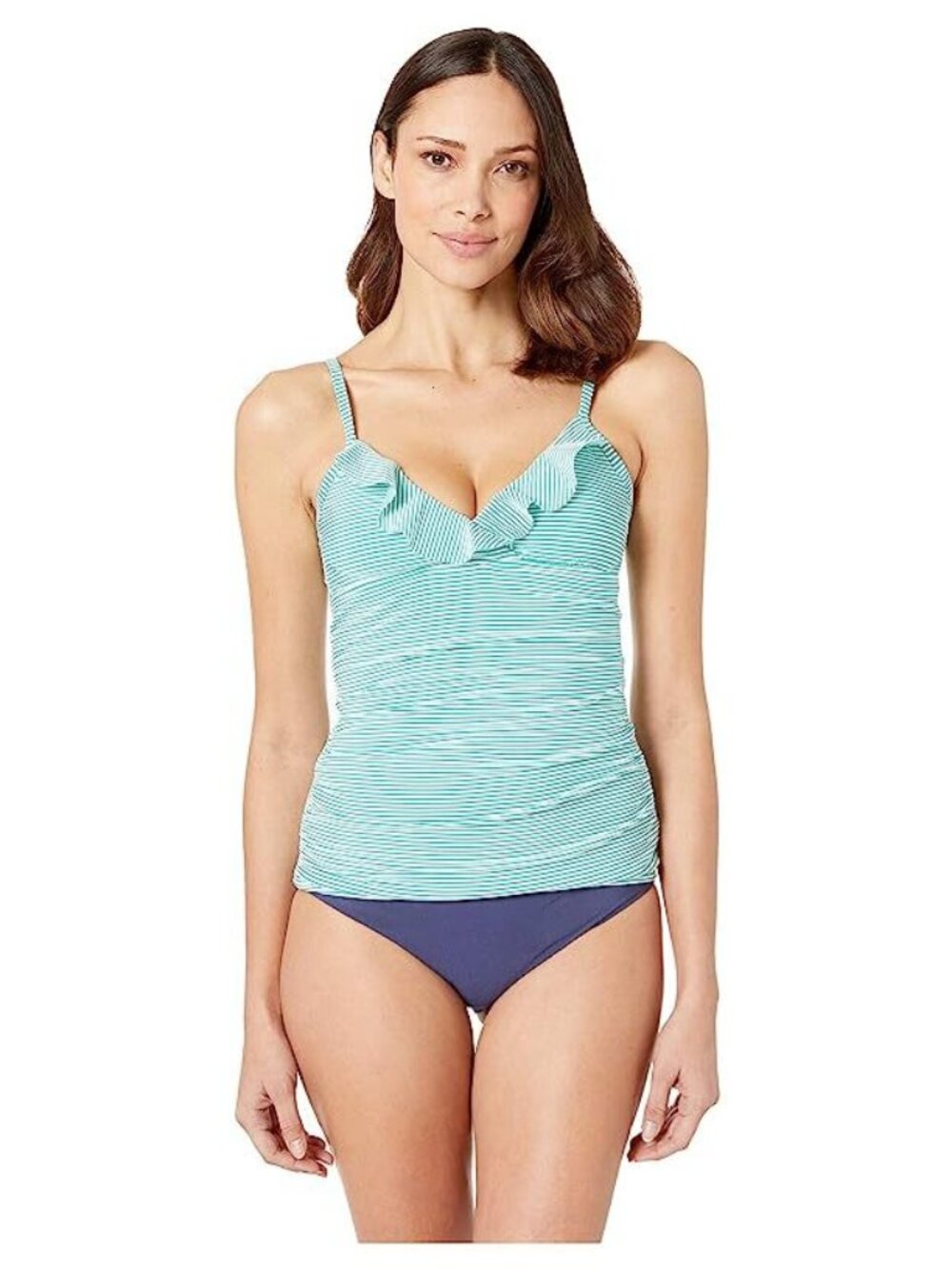 LAUREN RALPH LAUREN Womens Stripe Ruffle Underwire Camikini Tankini Top
